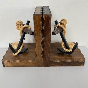 Vintage  Wooden Bookends Anchor & Rope Felt‎ Bottom Nautical Style